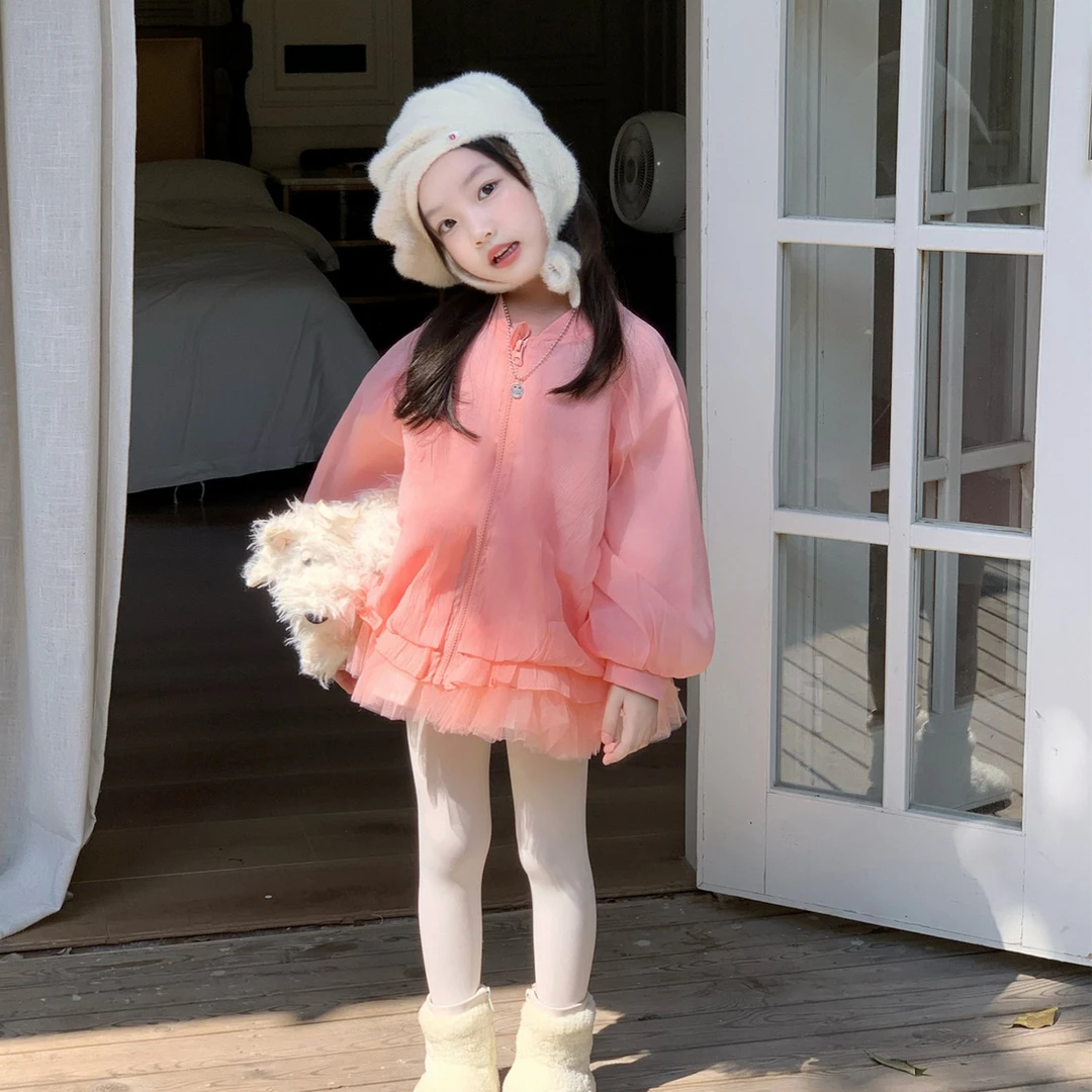小思家2025秋季新款韩版女童裙摆拼纱洋气甜美中长款外套