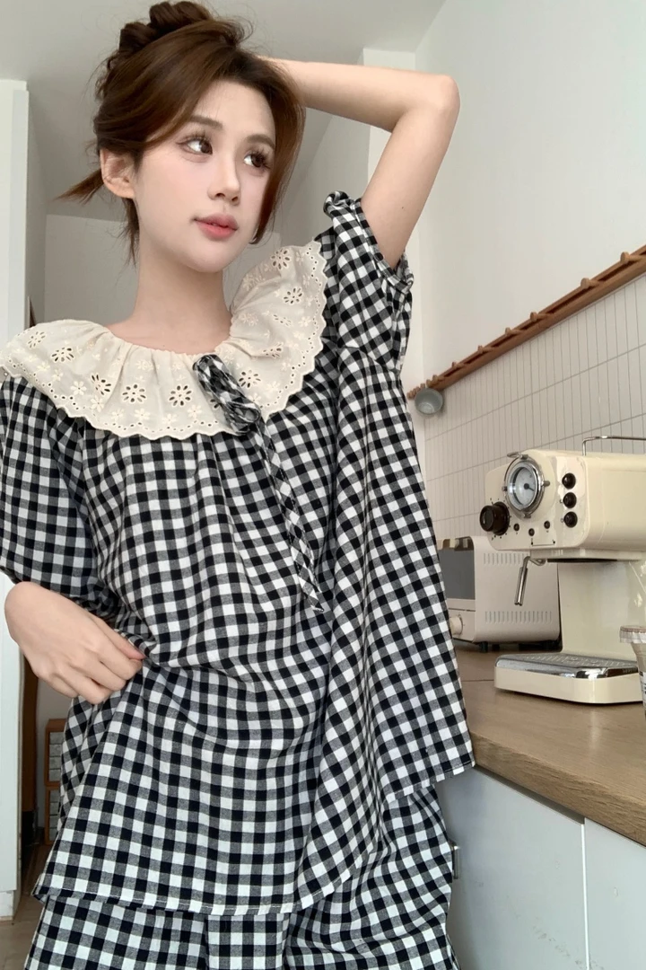 甜美花边睡衣女夏季蕾丝短袖短裤套装黑色格子少女风家居服可外穿