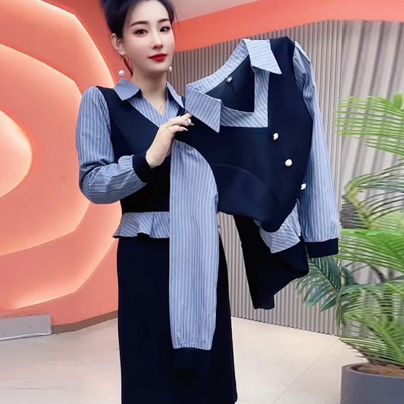 秋冬季新款翻领假两件显瘦洋气设计感百搭减龄连衣裙长袖中长裙子