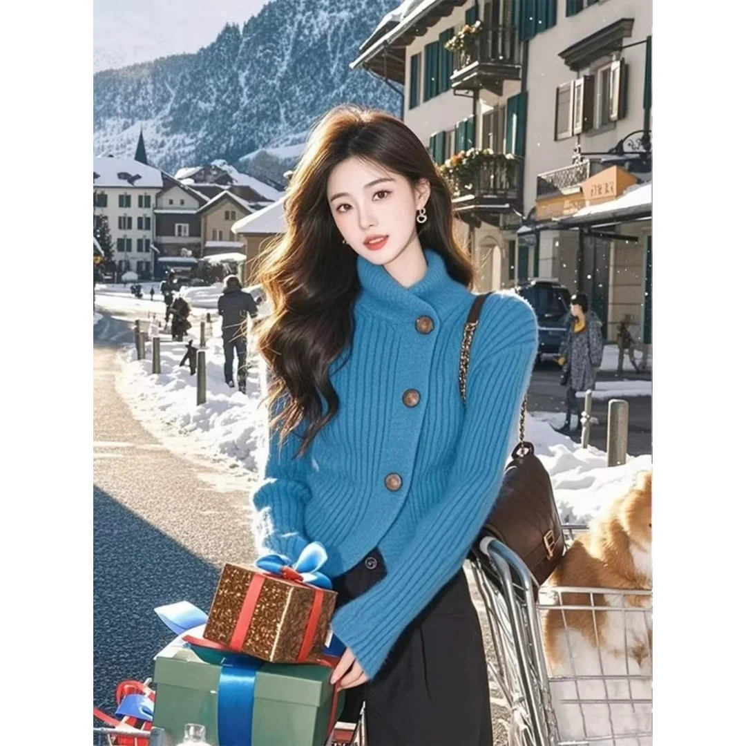 慵懒风软糯孔雀蓝高领女秋冬韩系别致修身显瘦内搭针织小上衣