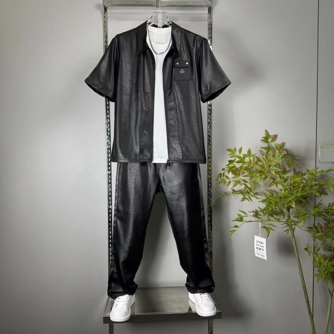 2025春夏季新款男士醋酸缎面高级翻领短袖开衫直筒裤套装垂顺短裤