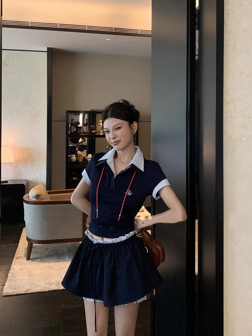 小小仟 【miu系学院】纯欲风美式学院polo衫气质减龄撞色套装