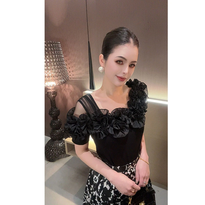 （特价）露肩花边T恤上衣SY30454