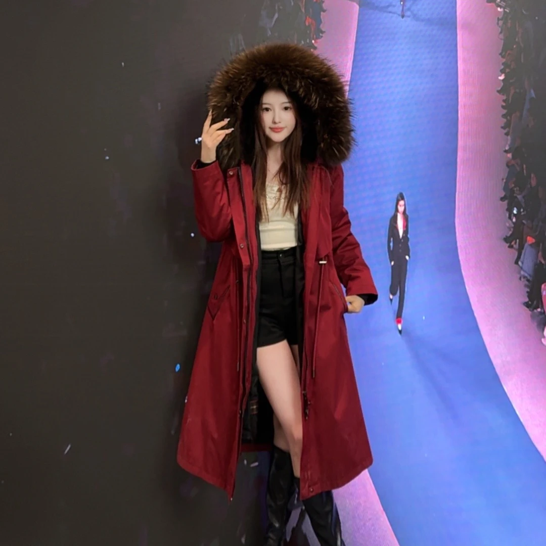 【火凤凰】女款冬中长貉子毛内胆貉子毛领气质保暖休闲百搭