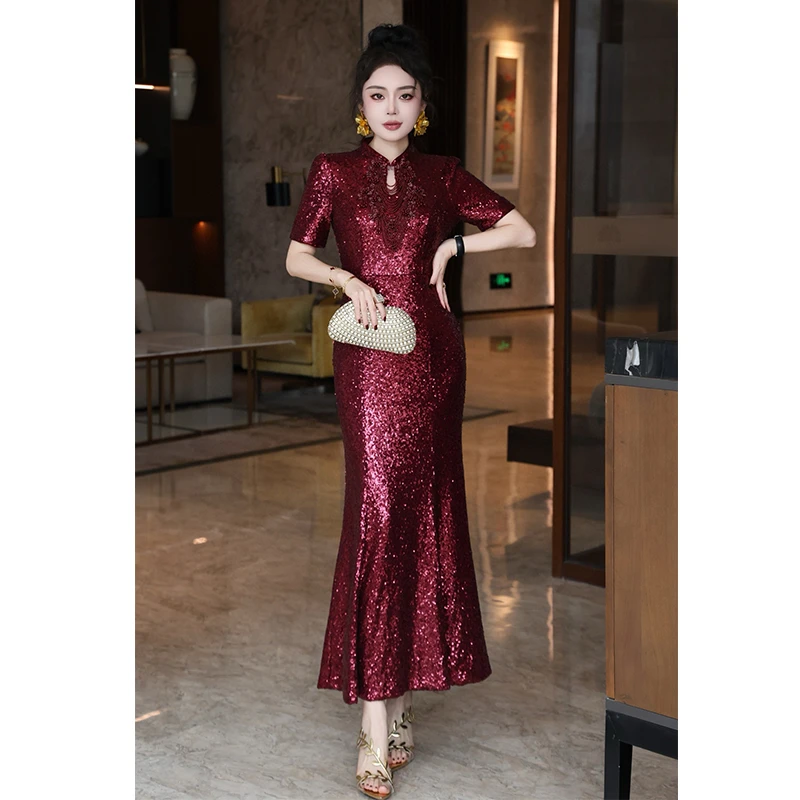 红色亮片订珠旗袍修身包臀鱼尾礼服裙婚礼宴会高端喜婆婆连衣裙女
