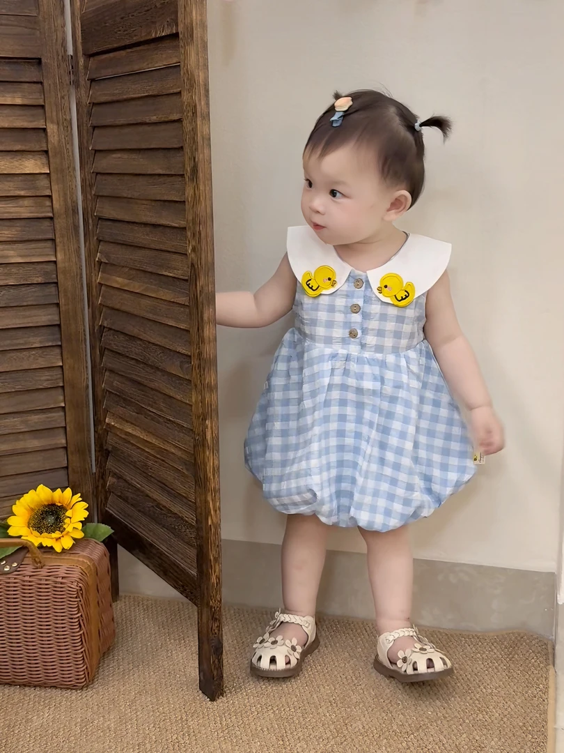 萱妈家【小蓝格花苞裙】夏装新款女宝宝可爱格子娃娃领背心裙公主裙