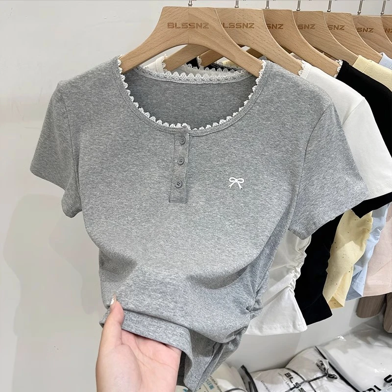 雪纺衫小衫夏季别致衬衫花边正肩短袖恤女夏褶皱卡腰蝴蝶结洋气