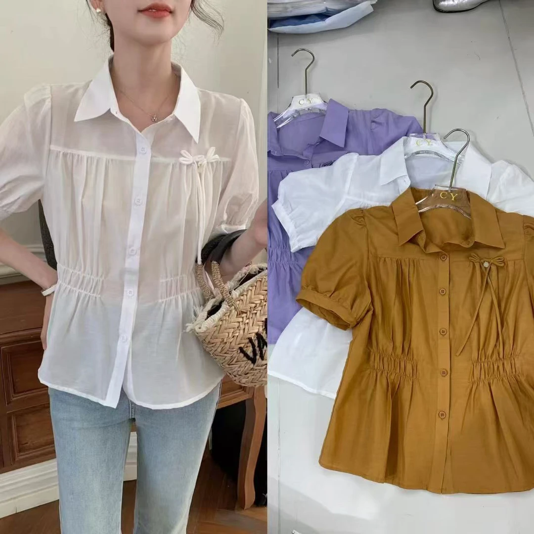 美美推荐2522棉麻短袖衬衫夏季新款收腰泡泡袖上衣