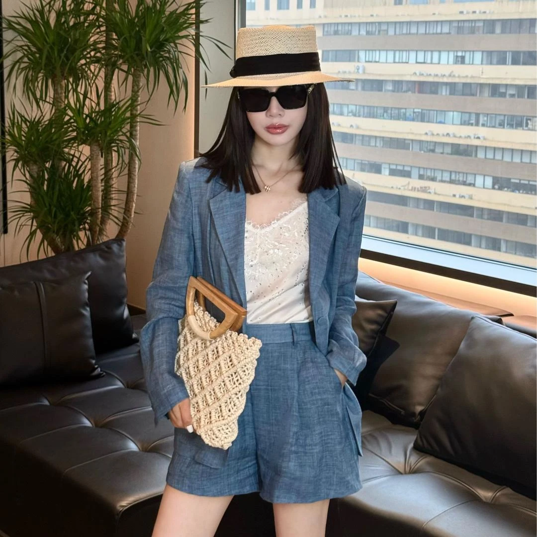 LUXURYMEMO【秦兰】意大利定制苎麻手工薄透感西装外套短裤休闲度