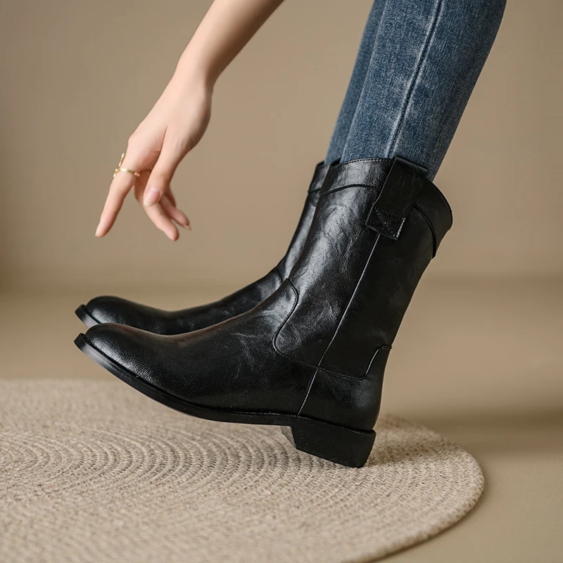 粗跟秋冬新款短靴防滑圆头瘦瘦靴女牛皮瘦瘦靴低跟百搭单靴女棕色