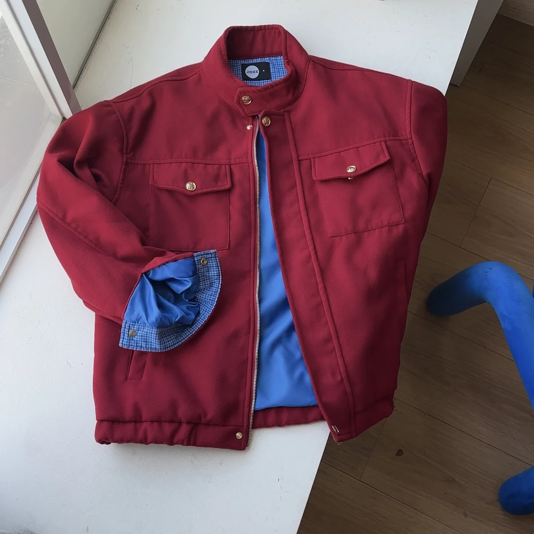 【慌慌】美式复古毛呢红色立领棒球服高街机能风本命年夹克 J208