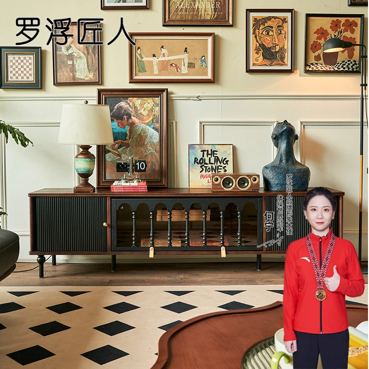 法式复古实木电视柜小户型客厅收纳储物柜一体黑色美式轻奢中古风