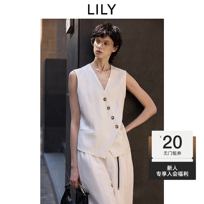 【套装】LILY2025夏莱赛尔亚麻设计感斜门襟白色马甲套装0907&5966