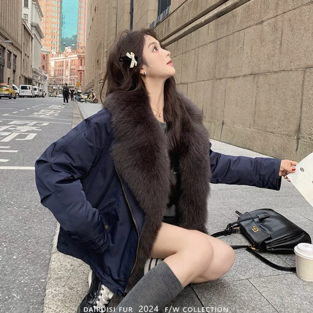 冬季新款甜酷鸭绒内胆狐狸毛皮草女款加厚派克服外套