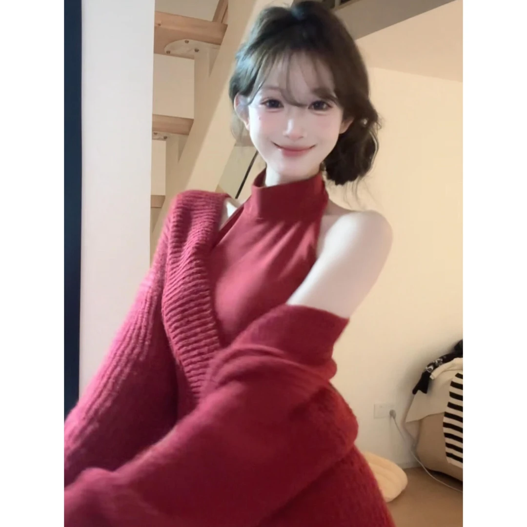 新年战袍毛衣套装女秋冬纯欲辣妹红色连衣裙子2026小众冬装一整套