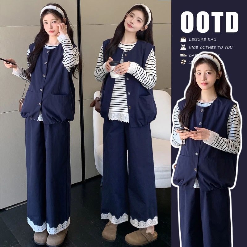 韩系时尚孕妇套装高质量减龄2025新款潮流宽松大码休闲三件套秋装