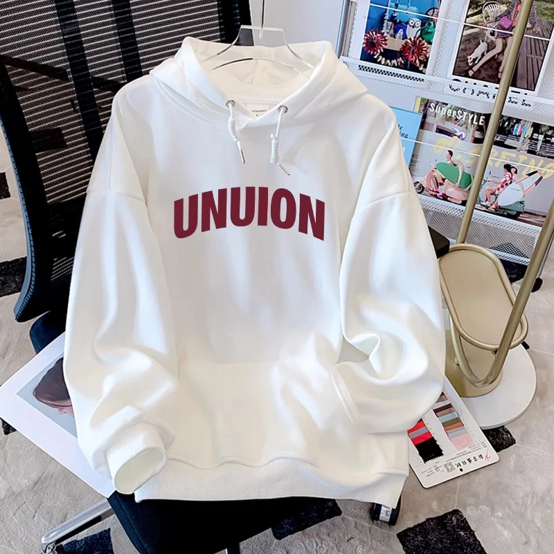 白色棉质连帽卫衣女春秋2025新爆款宽松大码冬季加绒长袖初秋上衣