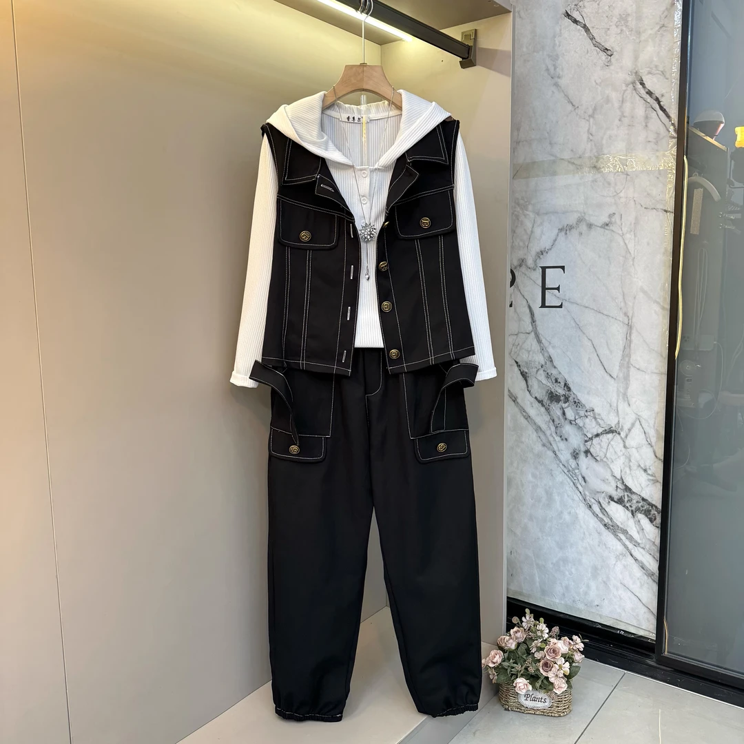 2025秋季新款简约宽松高级通勤时尚连帽内搭+马甲+裤子三件套