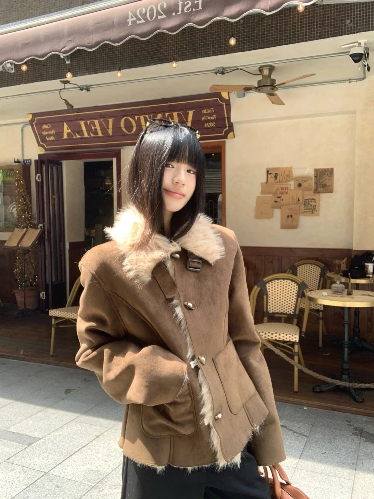 复古小众翻领长袖毛毛外套女韩系休闲百搭显瘦咖色棉服