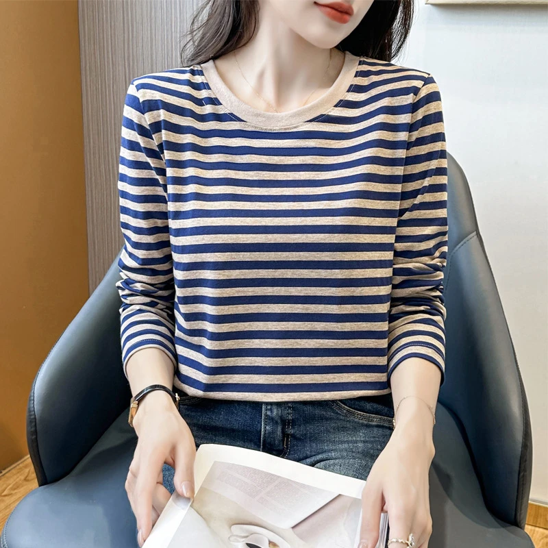 春秋冬装条纹打底衫女内搭洋气圆领宽松百搭长袖T恤薄款休闲上衣