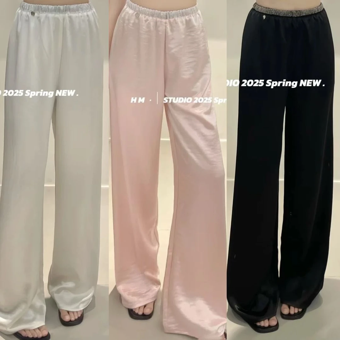2025夏季清凉透气松紧腰百搭醋酸阔腿裤休闲新中式风格