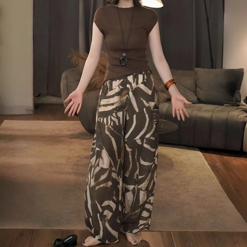 夏季新款透气圆领修身显瘦小飞袖百搭上衣宽松显瘦空气感长裤套装