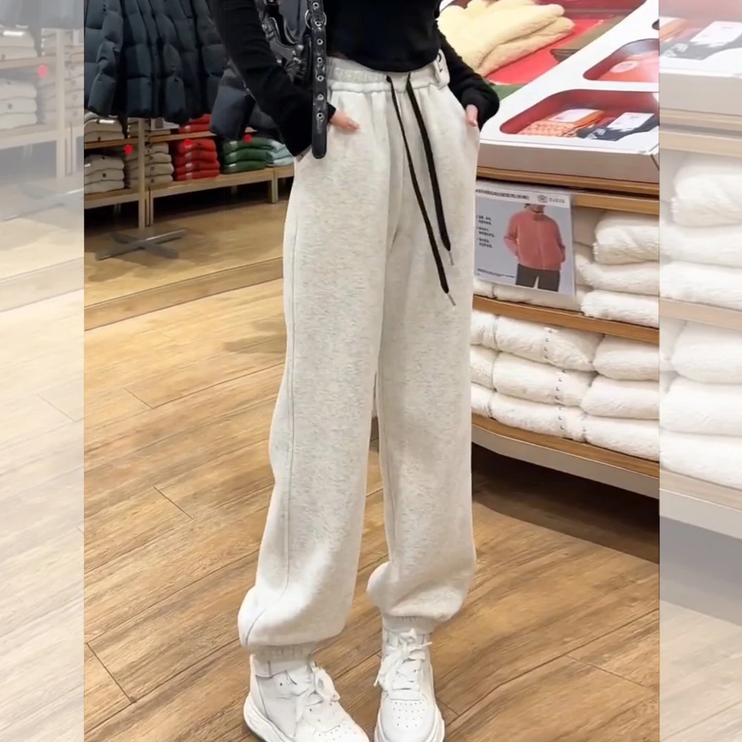花灰色P字哈伦裤女秋冬运动抽绳大码胖mm休闲加绒加厚束脚卫裤女