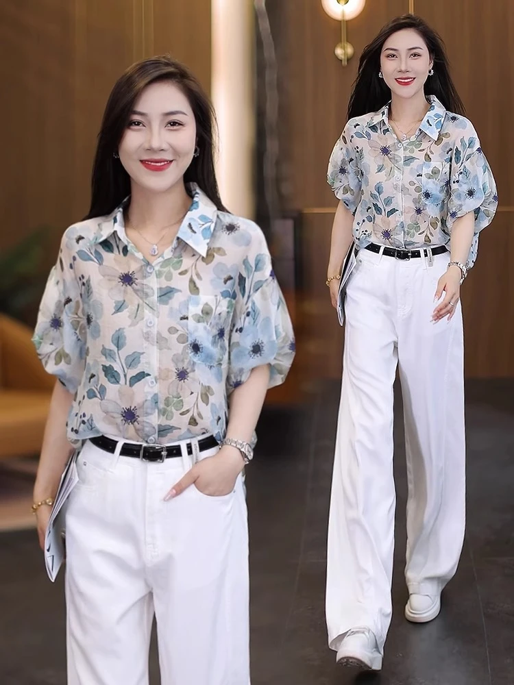 时尚洋气碎花短袖衬衫女2025夏季新款复古港风宽松休闲显瘦衬衣潮