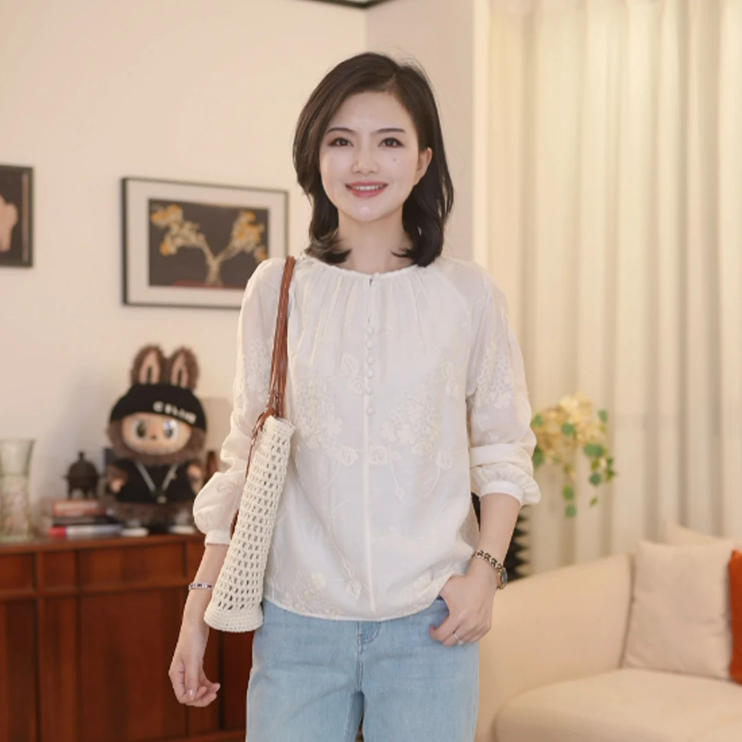 枫竺阿楠anan莱赛尔天丝排扣绣花圆领纯色长袖衬衫女秋季新款上衣