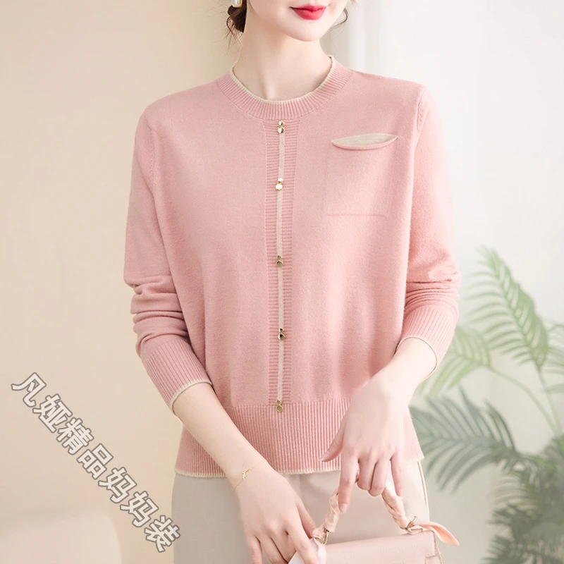 2025新款妈妈春秋遮肚针织衫时尚圆领毛衣中老年宽松休闲舒适上衣