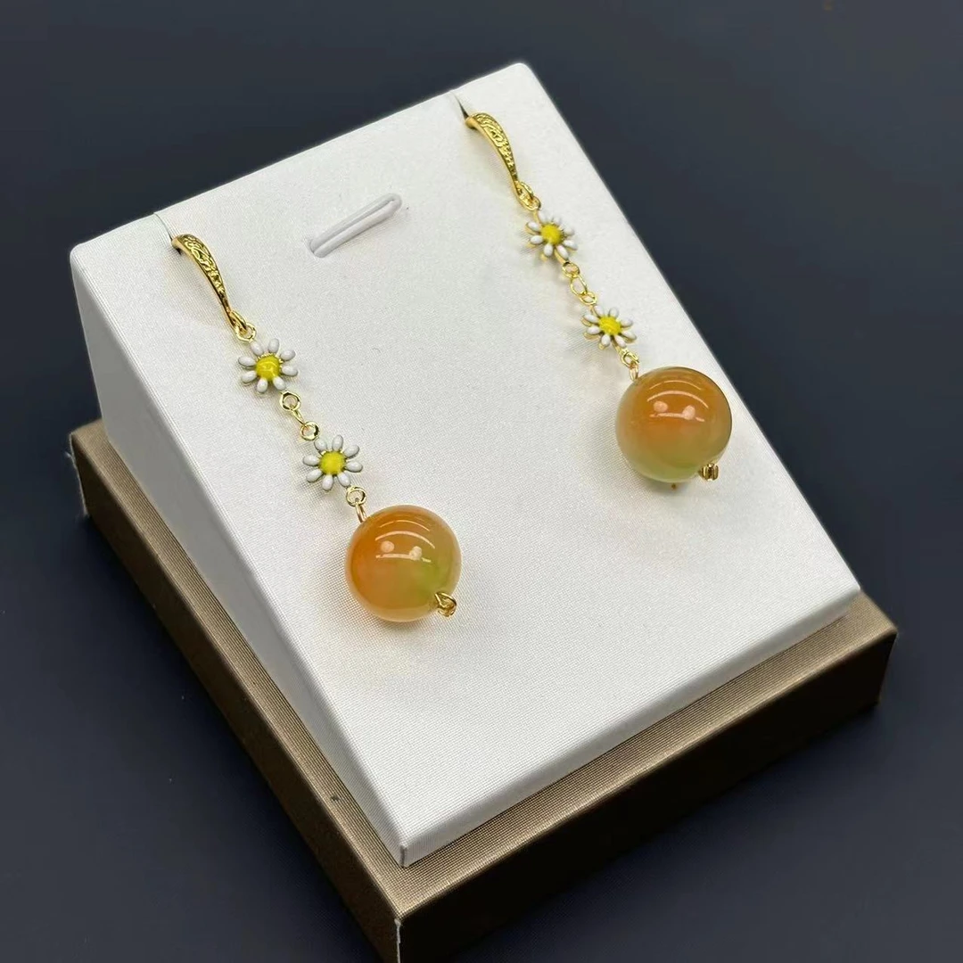 y2272-国风设计款雏菊盐源玛瑙圆珠耳坠-赠礼盒