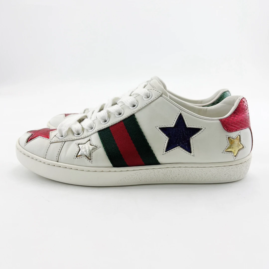 95新 GUCCI/古驰 35.5码/白色五角星织带休闲系带平底鞋/15372402