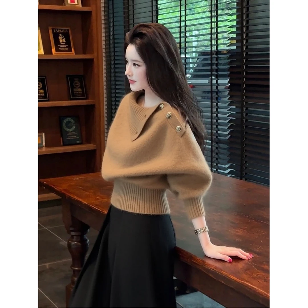 2025新款秋冬轻熟气质淡人高知氛围感棕色针织上衣巨好看