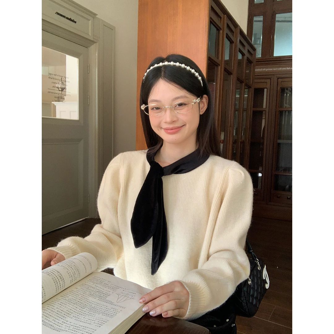 宋正恩杏色宽松软糯针织假两件毛衣女秋冬季新款慵懒高级感上衣潮