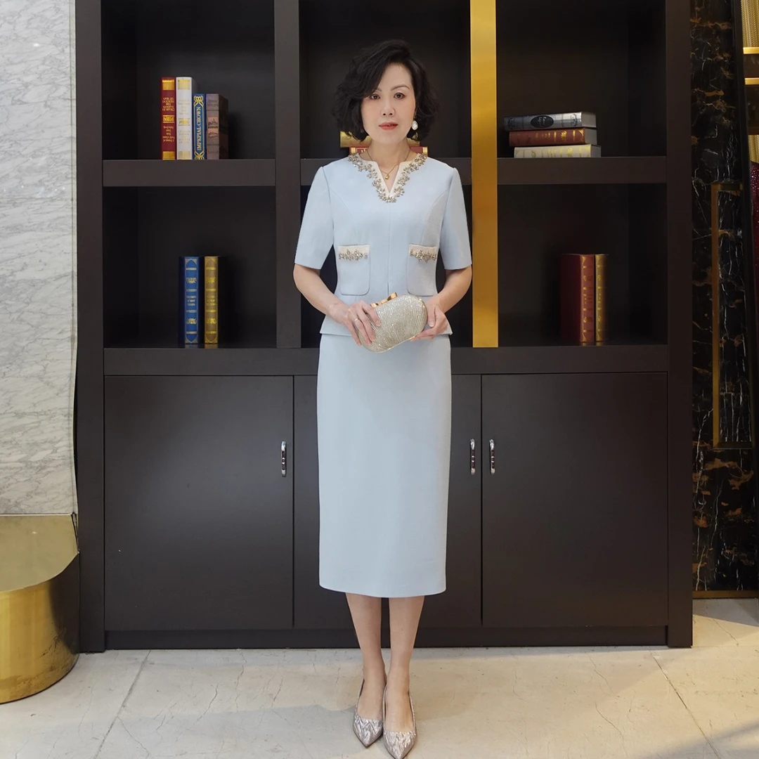 YINGDAK/应大浅蓝色V领假两件春夏款连衣裙喜婆婆喜妈妈场合装