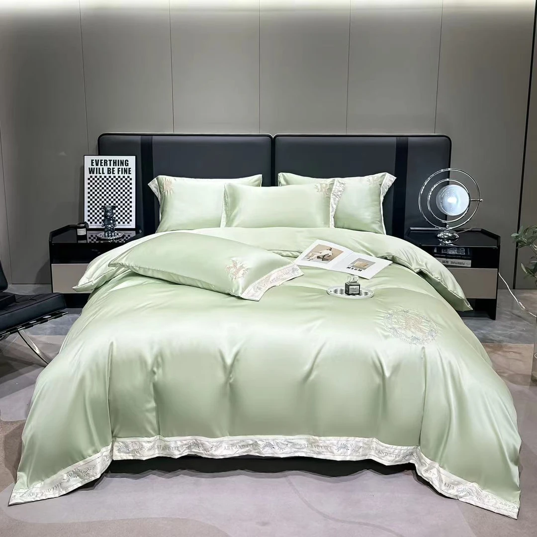 《夏季正品尾单》120S天丝四件套轻奢床裙凉爽刺绣纯色宽边-赛琳娜