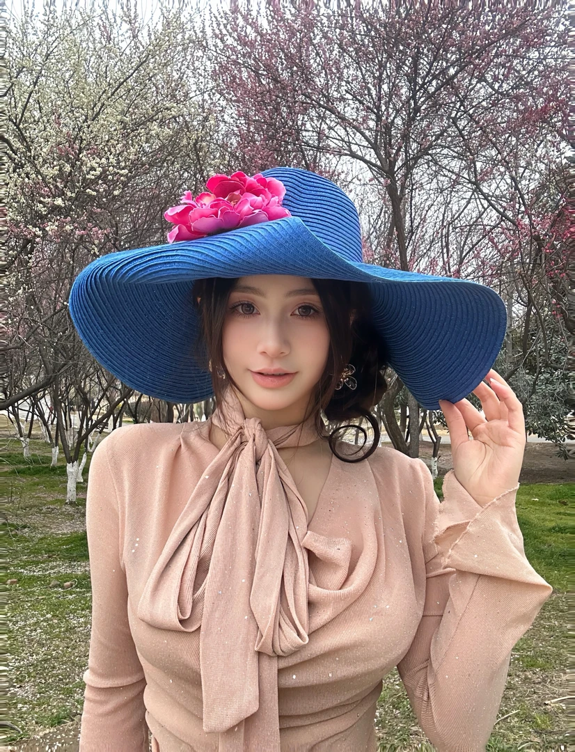 Olymm春夏新款超大遮阳帽草帽花朵度假风贵妇名媛风休闲海边帽子