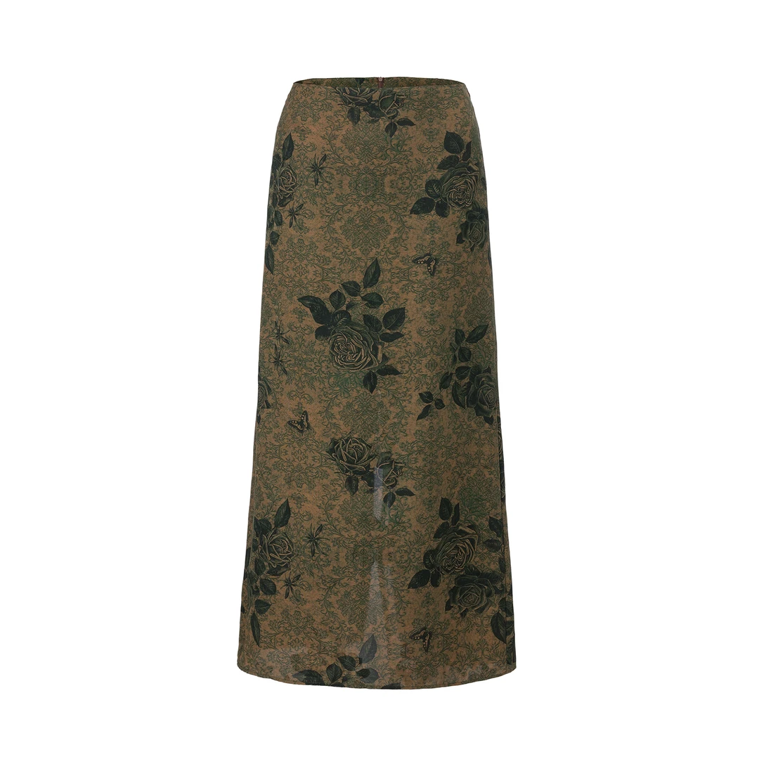 春夏女士新中式桑蚕丝花萝香云纱印花半裙 中长款半身裙高腰