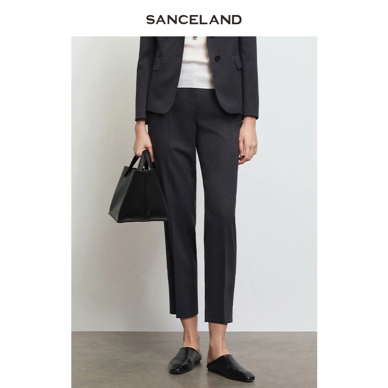 SANCELAND三石一澜春羊毛九分西装裤灰色中高腰烟管裤SJ12102086