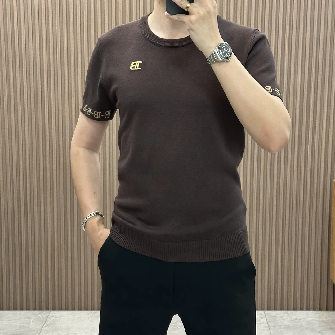 百搭韩版短袖针织衫男士2025春夏季潮流时尚刺绣简约半袖打底毛衣