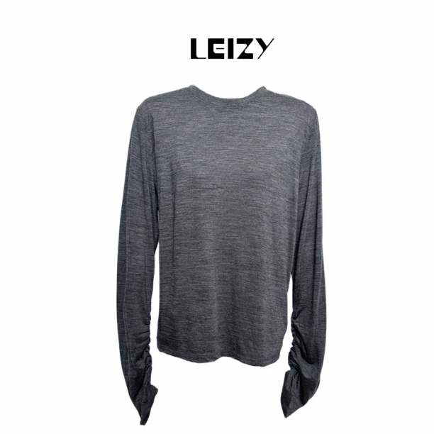 【LEIZY原创】纯色简约圆领长袖羊毛抽褶打底衫
