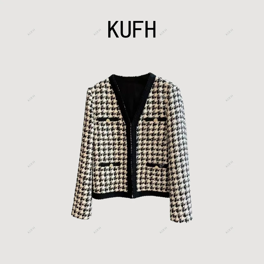 KUFH【棋盘星芒】秋冬款千鸟格粗花呢小香风短款外套女K28197