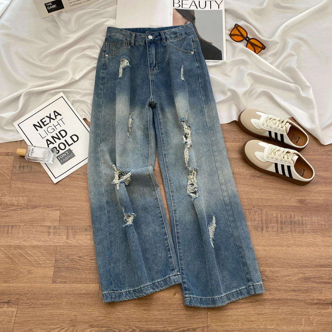 破洞设计感阔腿牛仔裤女2025年秋季薄款高腰宽松显瘦垂感直筒裤子