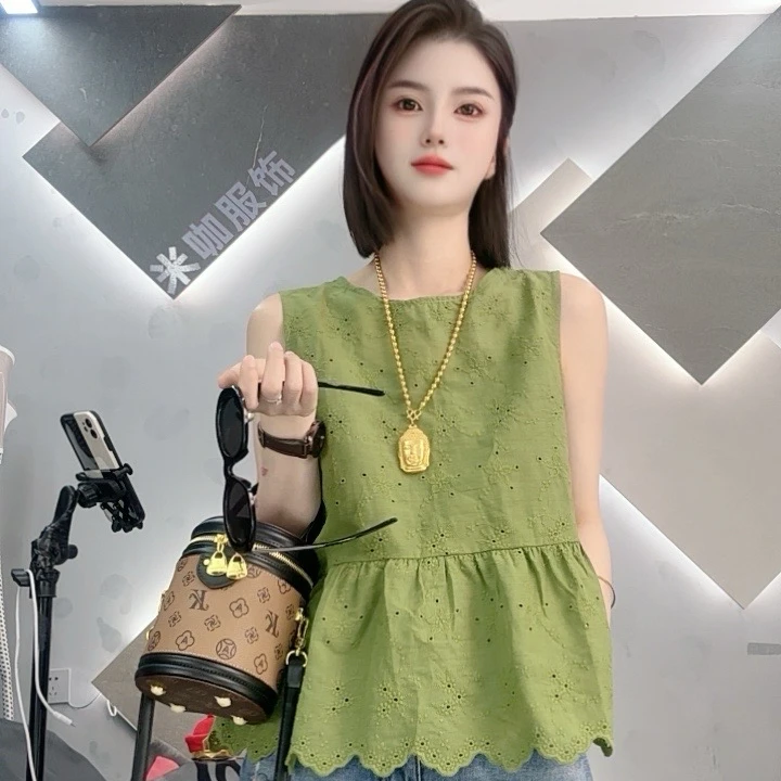 设计感气质蕾丝刺绣无袖背心花边2025夏季娃娃衫减龄上衣