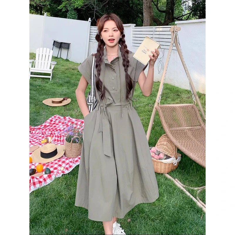 夏季新款时尚高级感工装风连衣裙女设计感绑带收腰显瘦气质长裙子