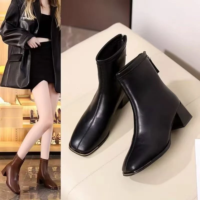 新款方头粗跟舒适厚底不累脚百搭款女靴88112