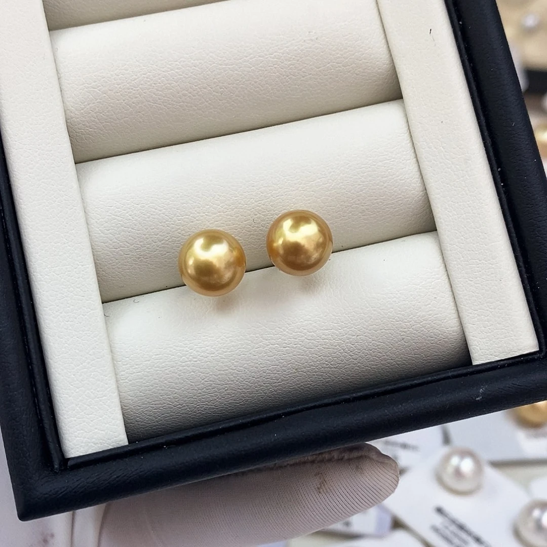 18K金镶嵌耳饰海水珍珠浓茶金耳钉9.1/9.2mm