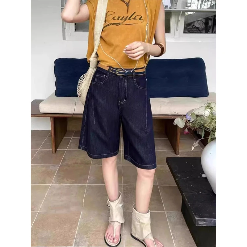 高腰普洗深蓝色五分牛仔短裤女夏季薄料印花宽松休闲阔腿A字中裤