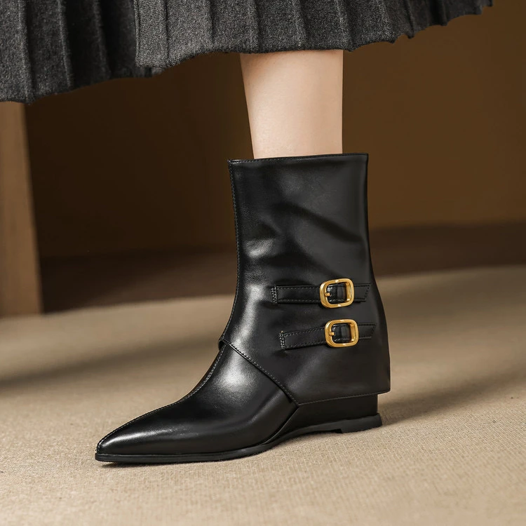 里外纯皮～牛皮6cm尖头高跟短靴显瘦气质马丁靴英伦风复古女时装靴