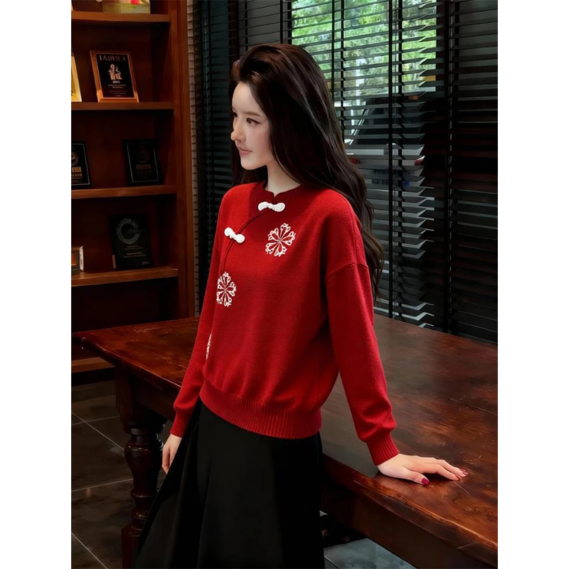 国风红色针织衫秋冬打底衫女款爆款2025新款时尚洋气百搭女装上衣